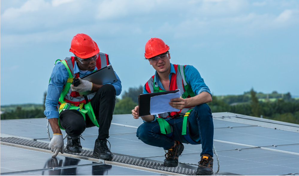 Men on roof, looking at solar panels for your home