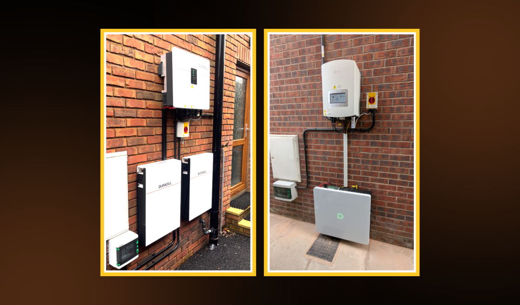 Exterior view of a domestic solar PV and battery system installation on a Northern Ireland home.