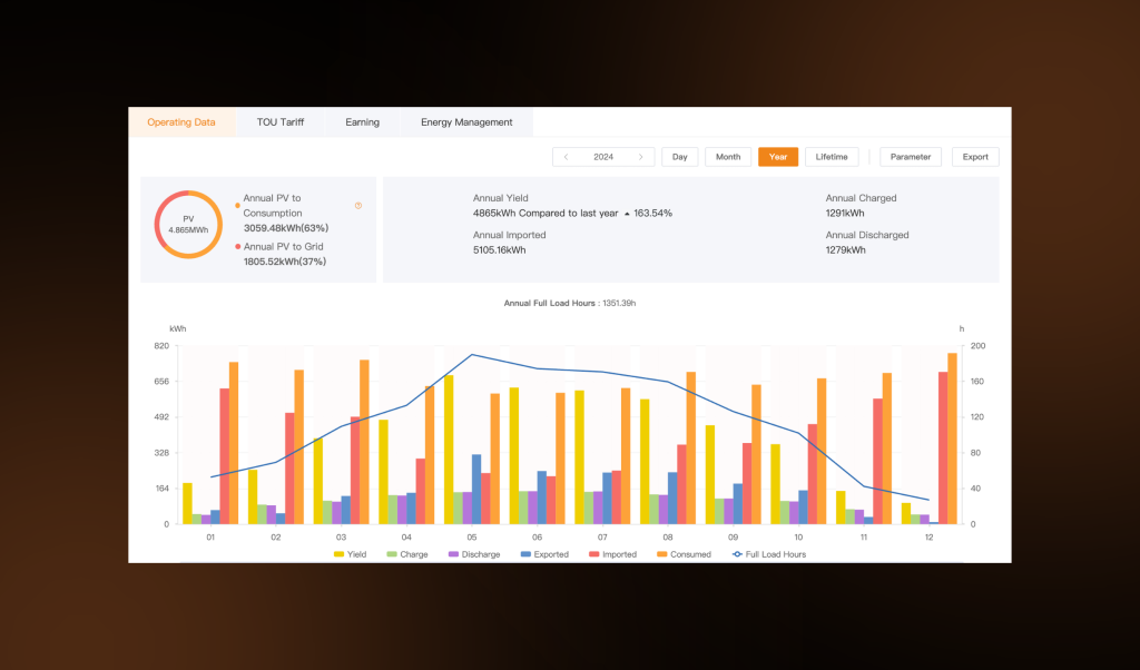 SolisCloud chart for residential solar PV system installed by First Class Solar in Annalong, Co Down across the year 2024 showing annual yield, import, export and discharge.