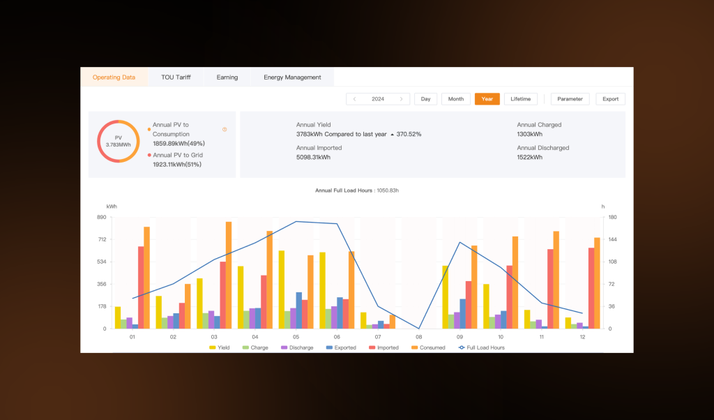 SolisCloud solar panel output chart showing annual yield, import, export and discharge for residential solar PV system installed by First Class Solar in Crumlin, Co Antrim across the year 2024.