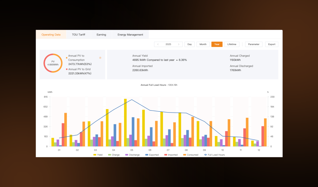 2025 SolisCloud data for solar PV system installed by First Class Solar in Lisburn, Co Antrim showing annual yield, import, export and discharge.