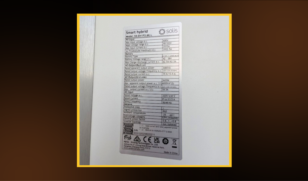 Manufacturer information sticker found on the side of a Solis hybrid solar inverter.