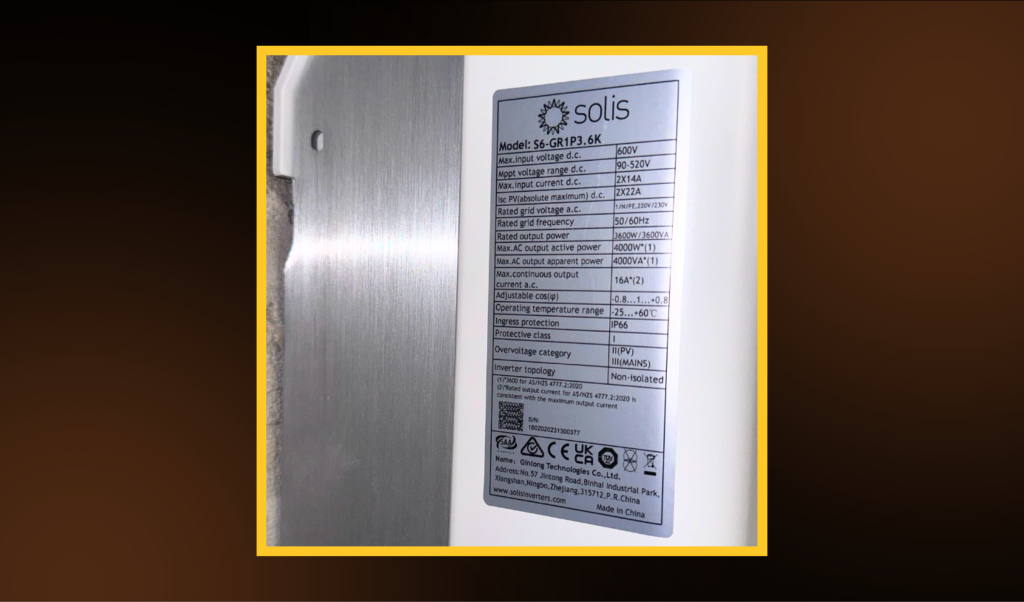 Manufacturer Information Sticker found on the side of a Solis string solar inverter.